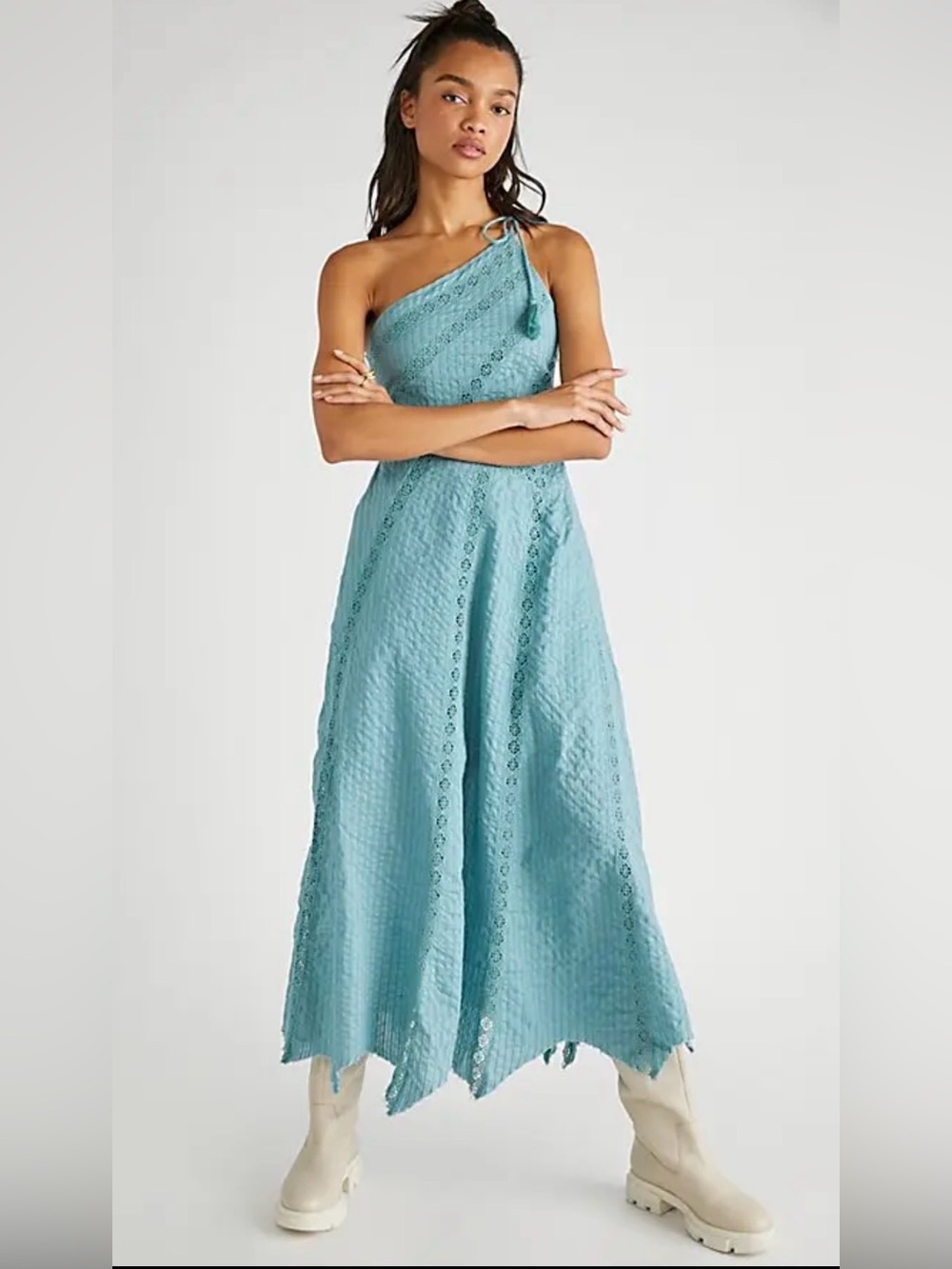 Free People Bella One-Shoulder Embroidered Maxi Boho Dress in Ocean Mist Size M